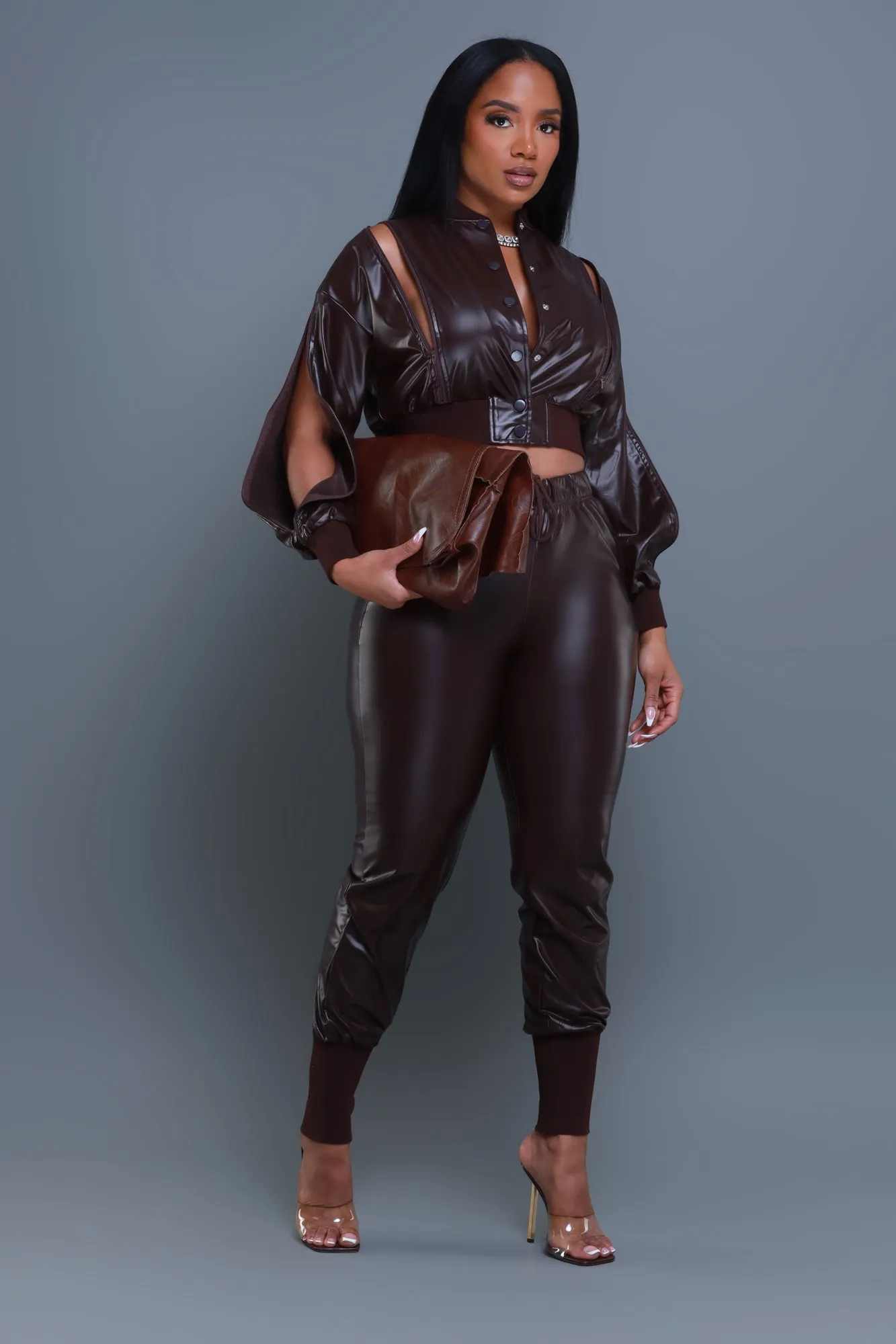 Top Priority Zippered Cropped Jogger Set - Dark Brown Faux Leather sold by Swankaposh