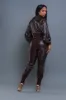 Top Priority Zippered Cropped Jogger Set - Dark Brown Faux Leather sold by Swankaposh