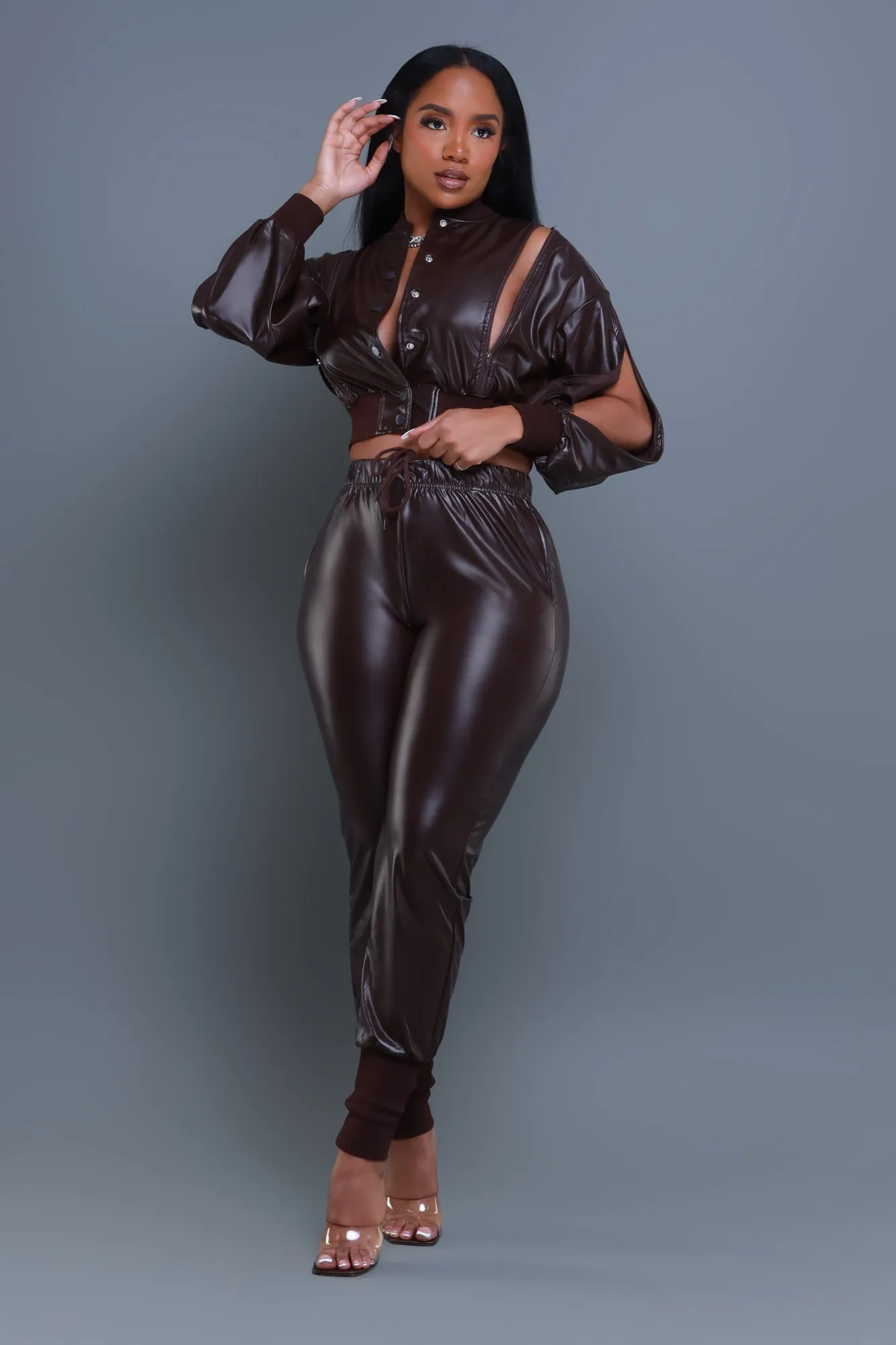 Top Priority Zippered Cropped Jogger Set - Dark Brown Faux Leather sold by Swankaposh product image thumbnail 3