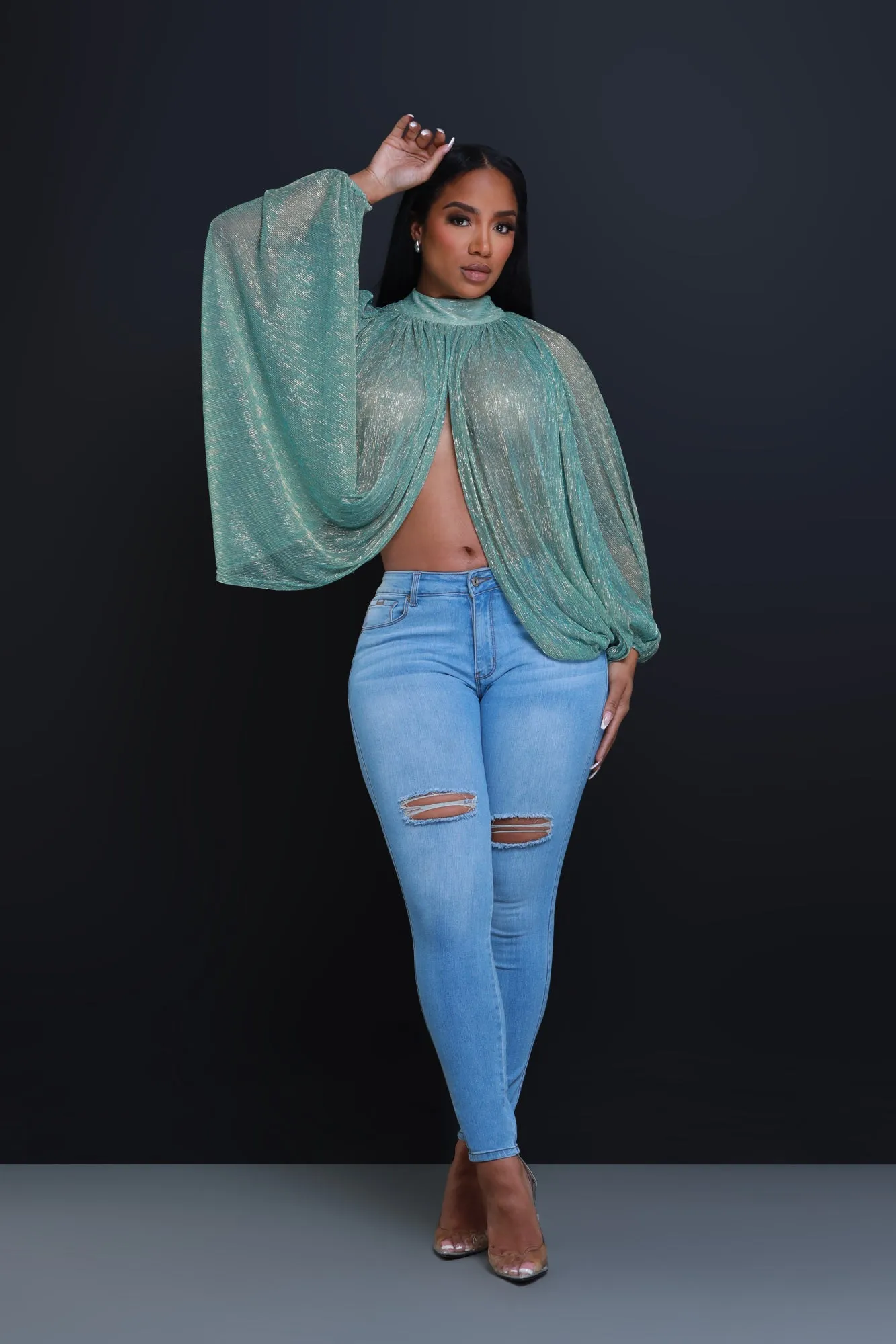 Backstage Pass Sheer Open Front Top - Emerald Green sold by Swankaposh product image thumbnail 4