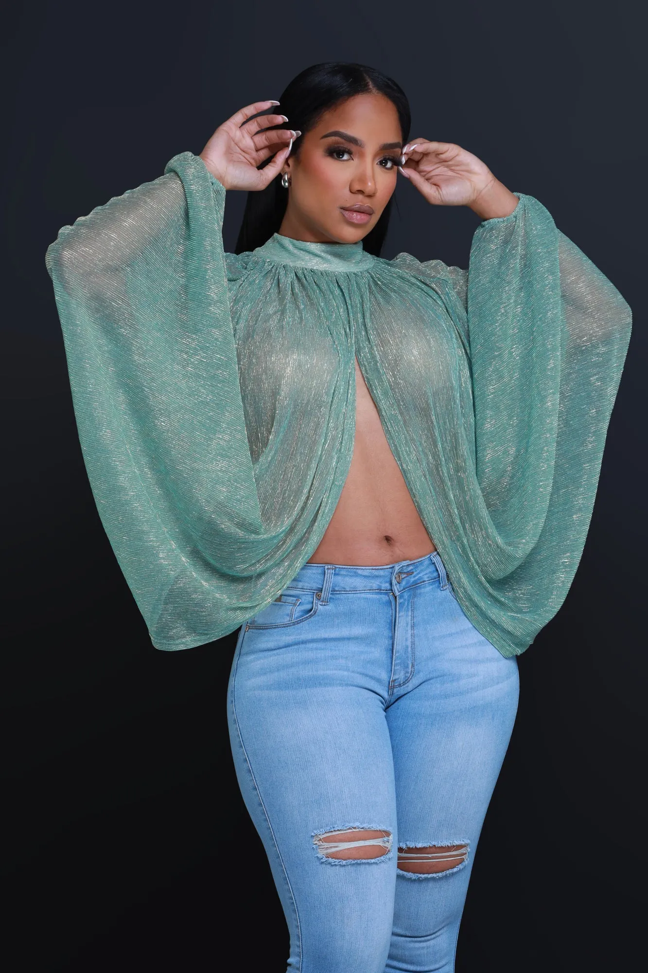 Backstage Pass Sheer Open Front Top - Emerald Green sold by Swankaposh