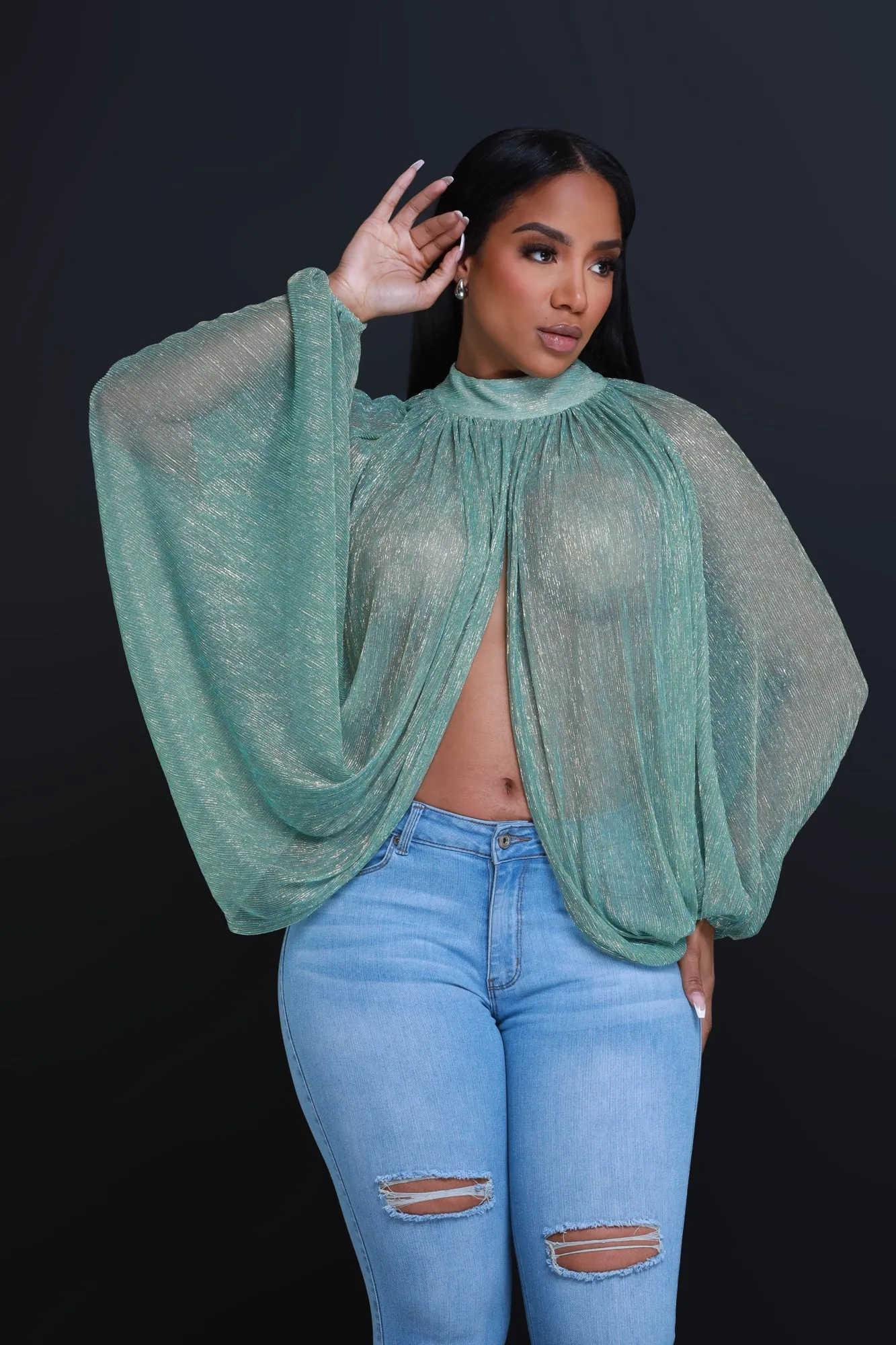 Backstage Pass Sheer Open Front Top - Emerald Green sold by Swankaposh product image thumbnail 5