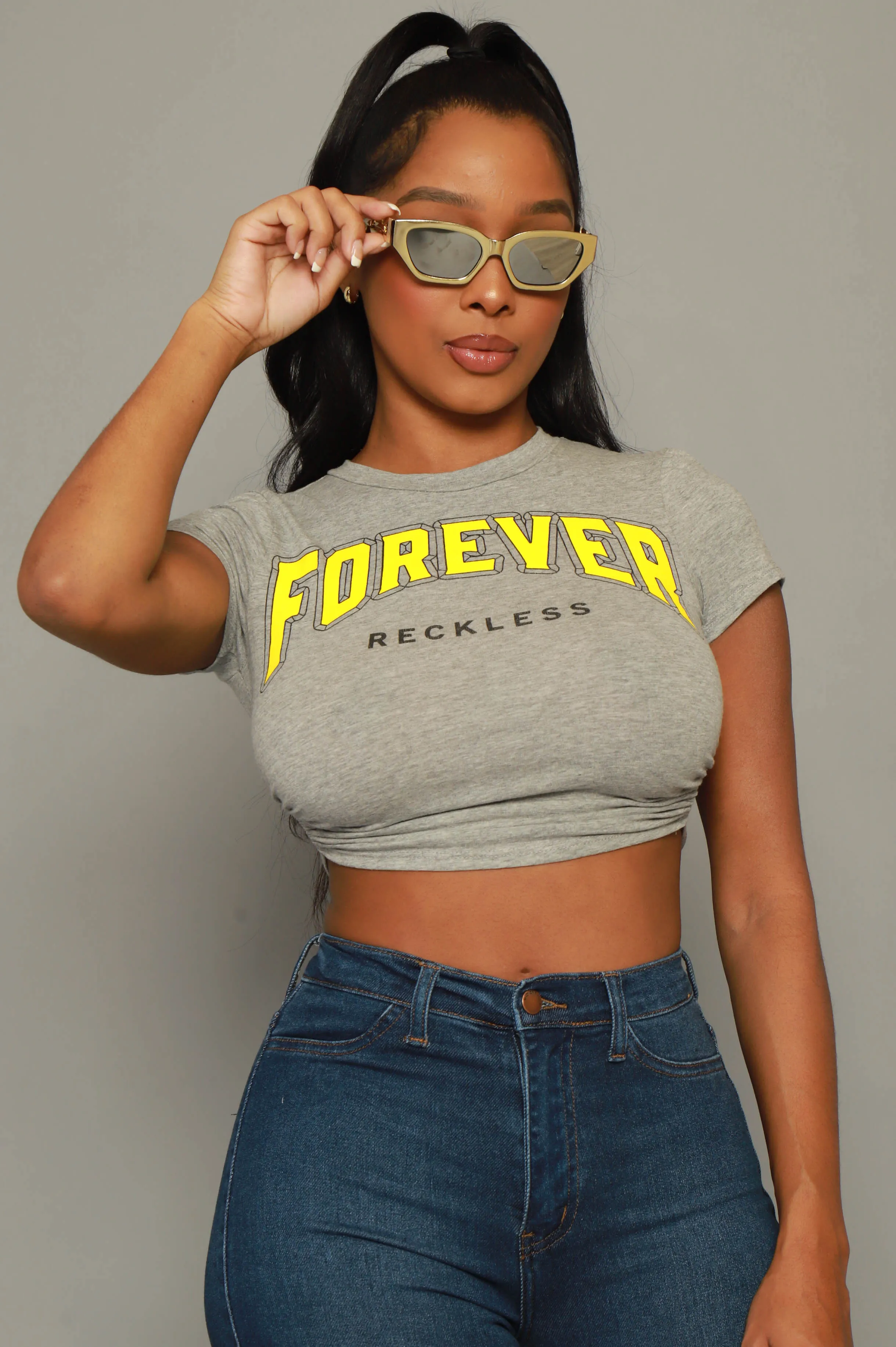 Forever Reckless Backless Graphic Crop Top - Gray sold by Swankaposh