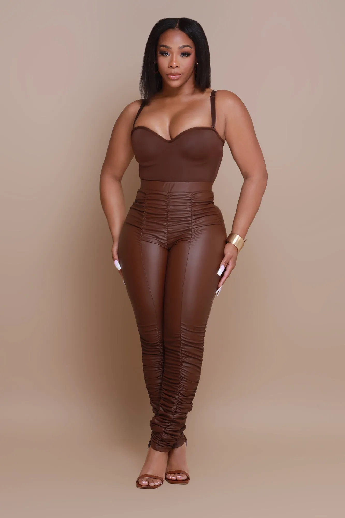 Be Honest Ruched High Waist Pants - Chocolate Faux Leather sold by Swankaposh