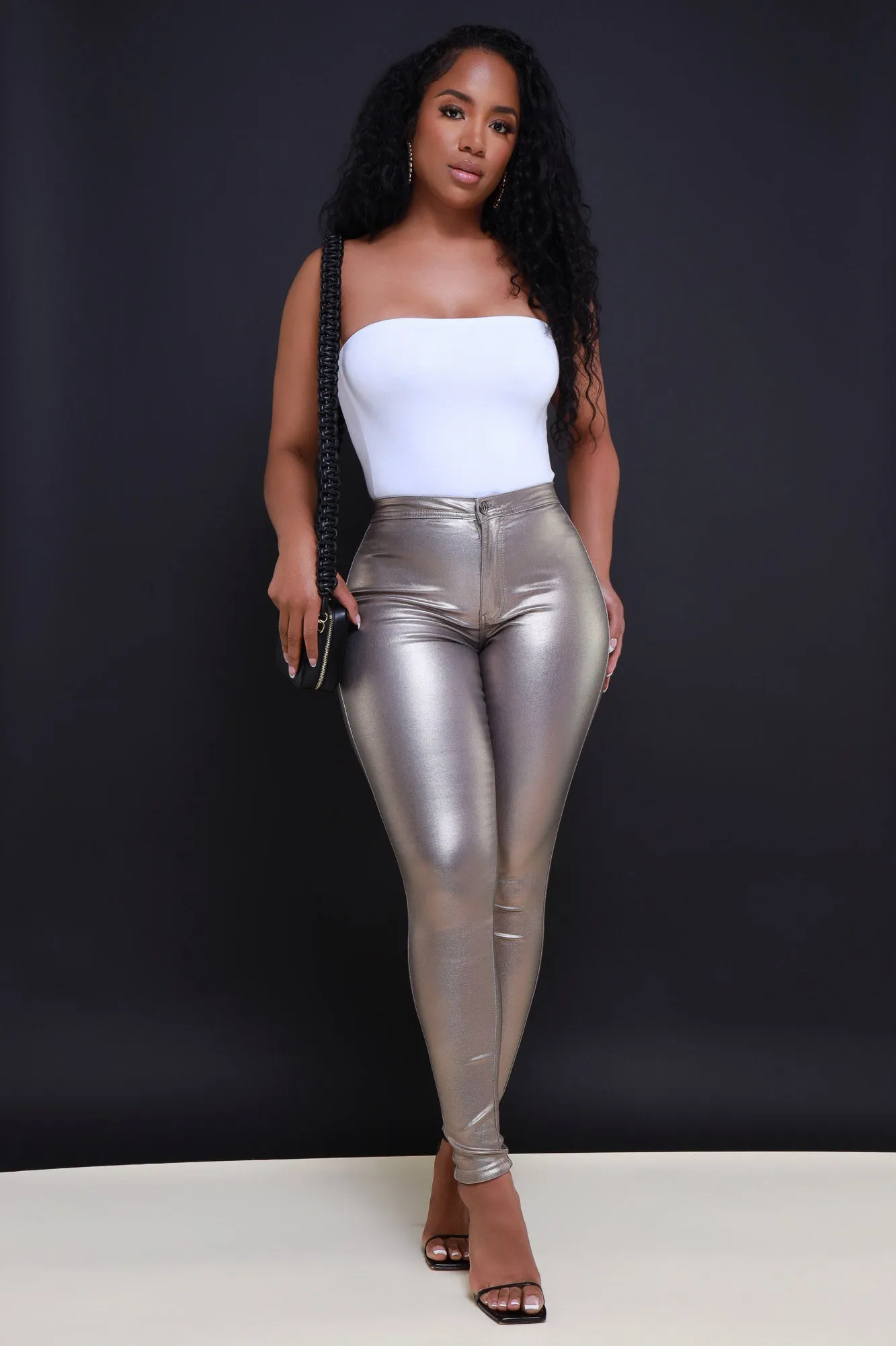 Coming In Hot High Rise Metallic Skinny Pants - Champagne sold by Swankaposh product image thumbnail 3