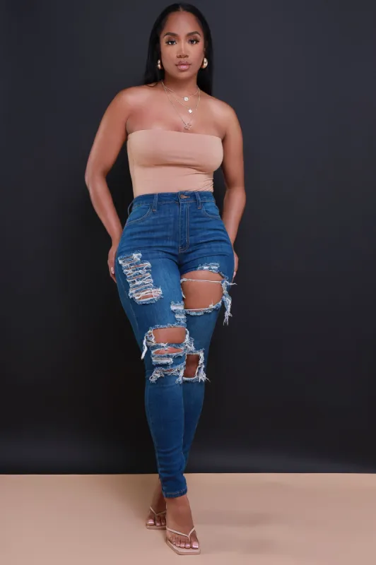 Body Double High Rise Distressed Hourglass Skinny Jeans - Medium Wash sold by Swankaposh