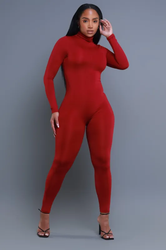 High Class Mock Neck Jumpsuit - Burgundy sold by Swankaposh
