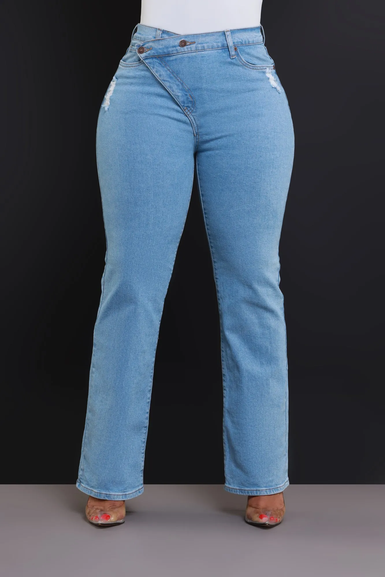 Take The Call High Rise Asymmetrical Bootcut Jeans - Light Wash sold by Swankaposh product image thumbnail 2