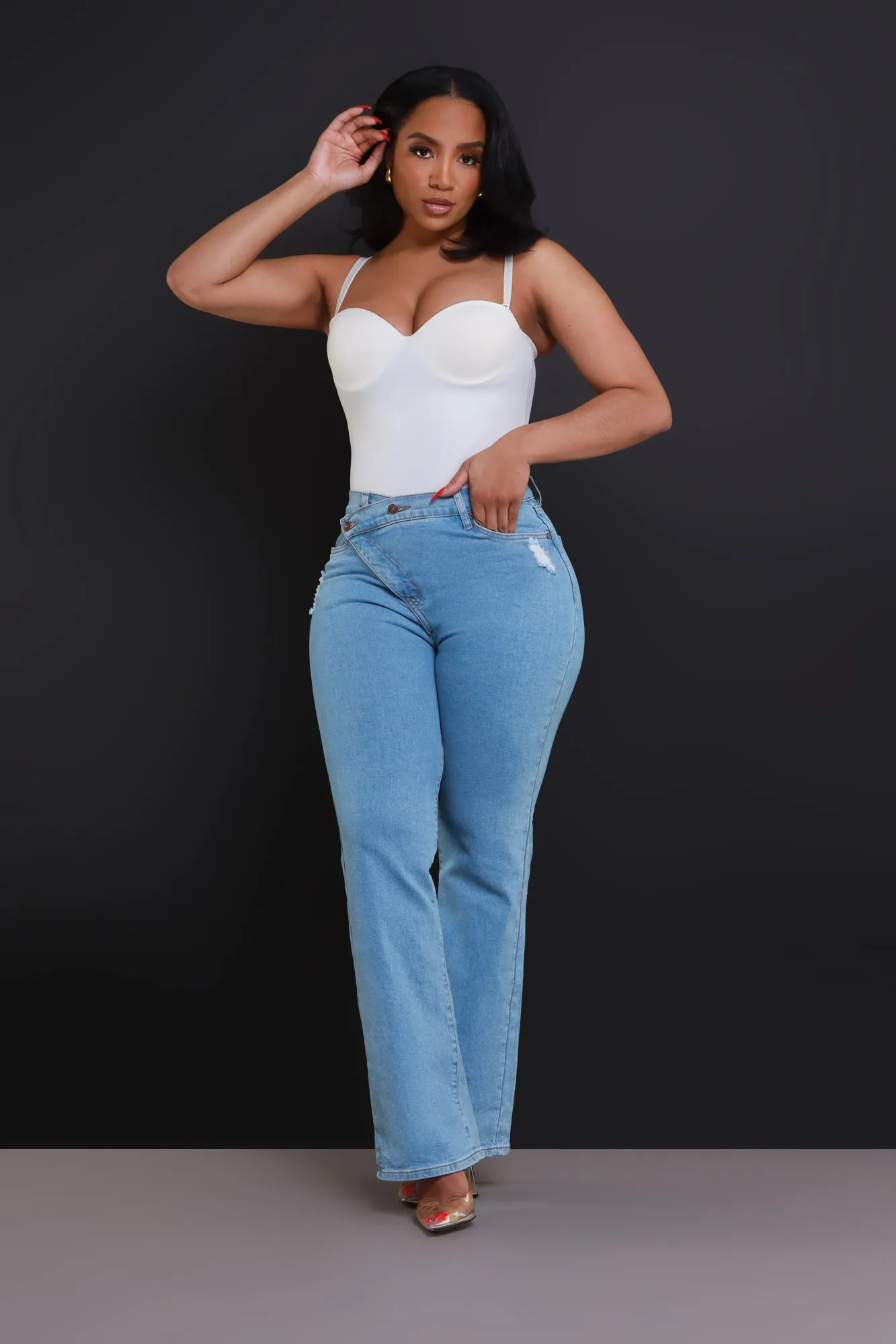 Take The Call High Rise Asymmetrical Bootcut Jeans - Light Wash sold by Swankaposh product image thumbnail 4