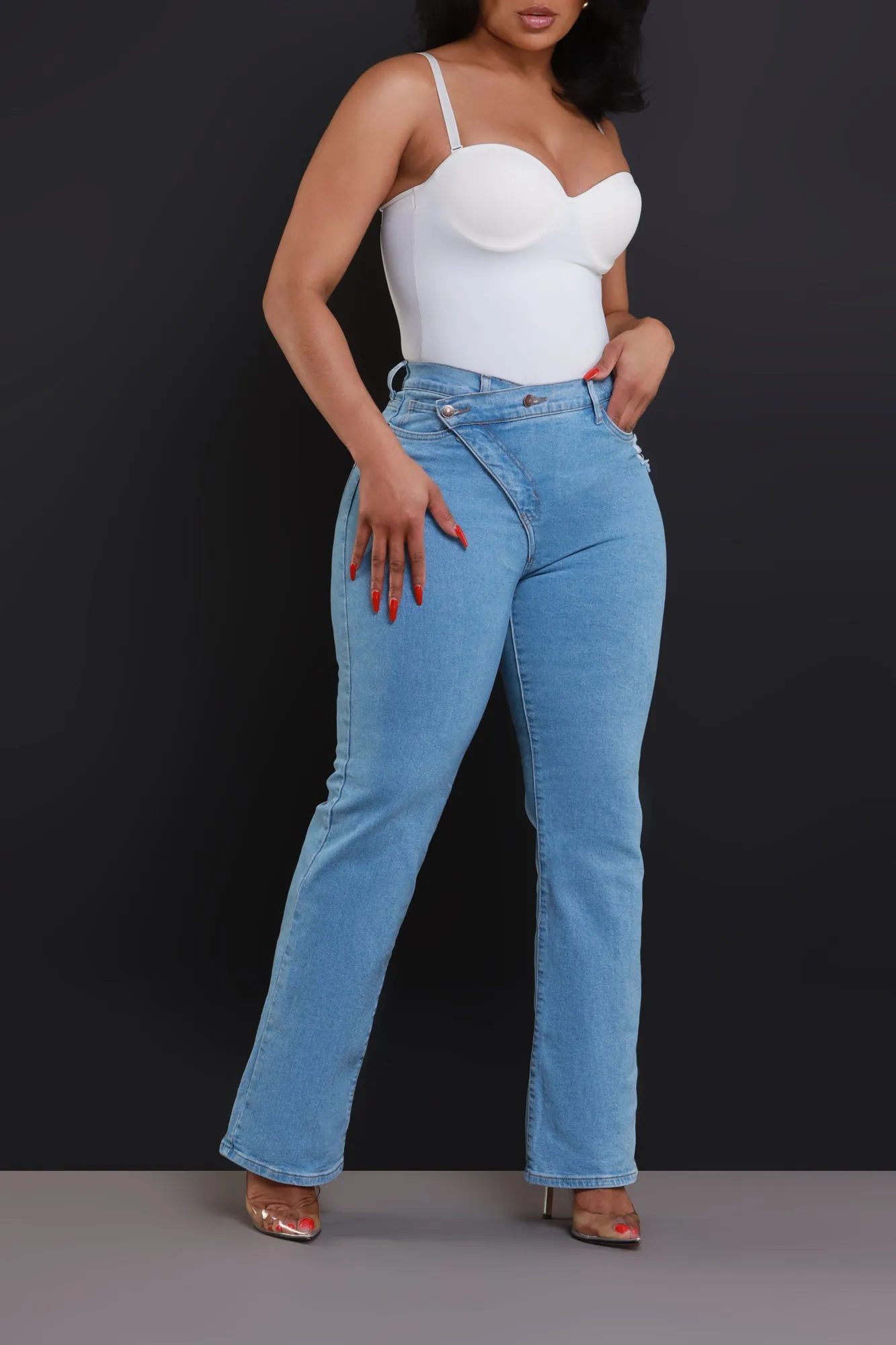 Take The Call High Rise Asymmetrical Bootcut Jeans - Light Wash sold by Swankaposh product image thumbnail 5