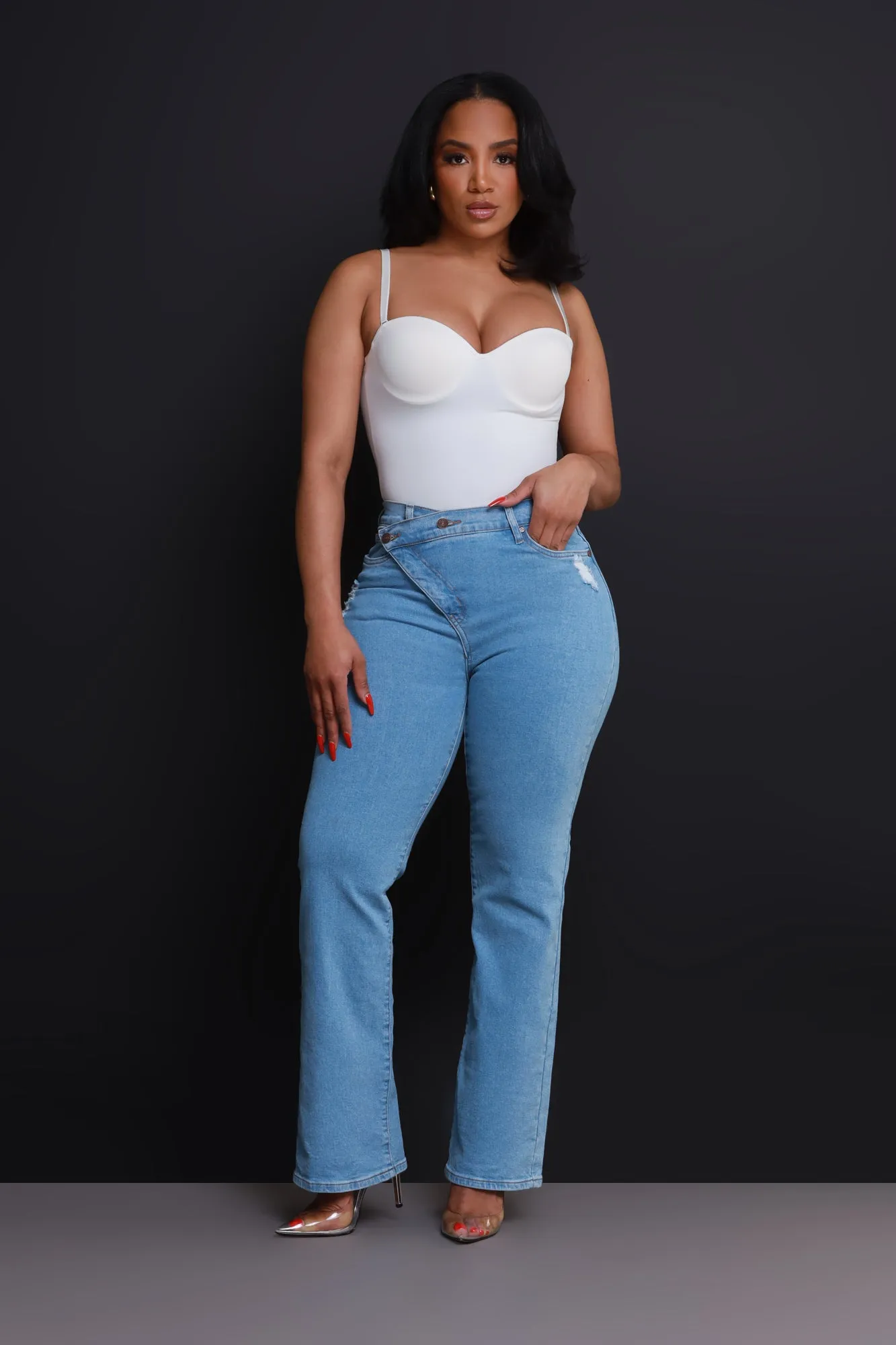 Take The Call High Rise Asymmetrical Bootcut Jeans - Light Wash sold by Swankaposh