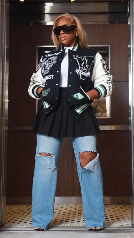 No Rest Faux Leather Varsity Jacket - Black/White sold by Swankaposh