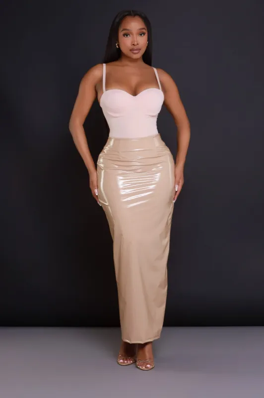 Sped Up Patent Faux Leather Maxi Skirt - Nude sold by Swankaposh
