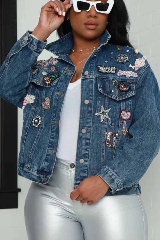 Pick Me Jewel Embellished Patchwork Jacket - Denim sold by Swankaposh