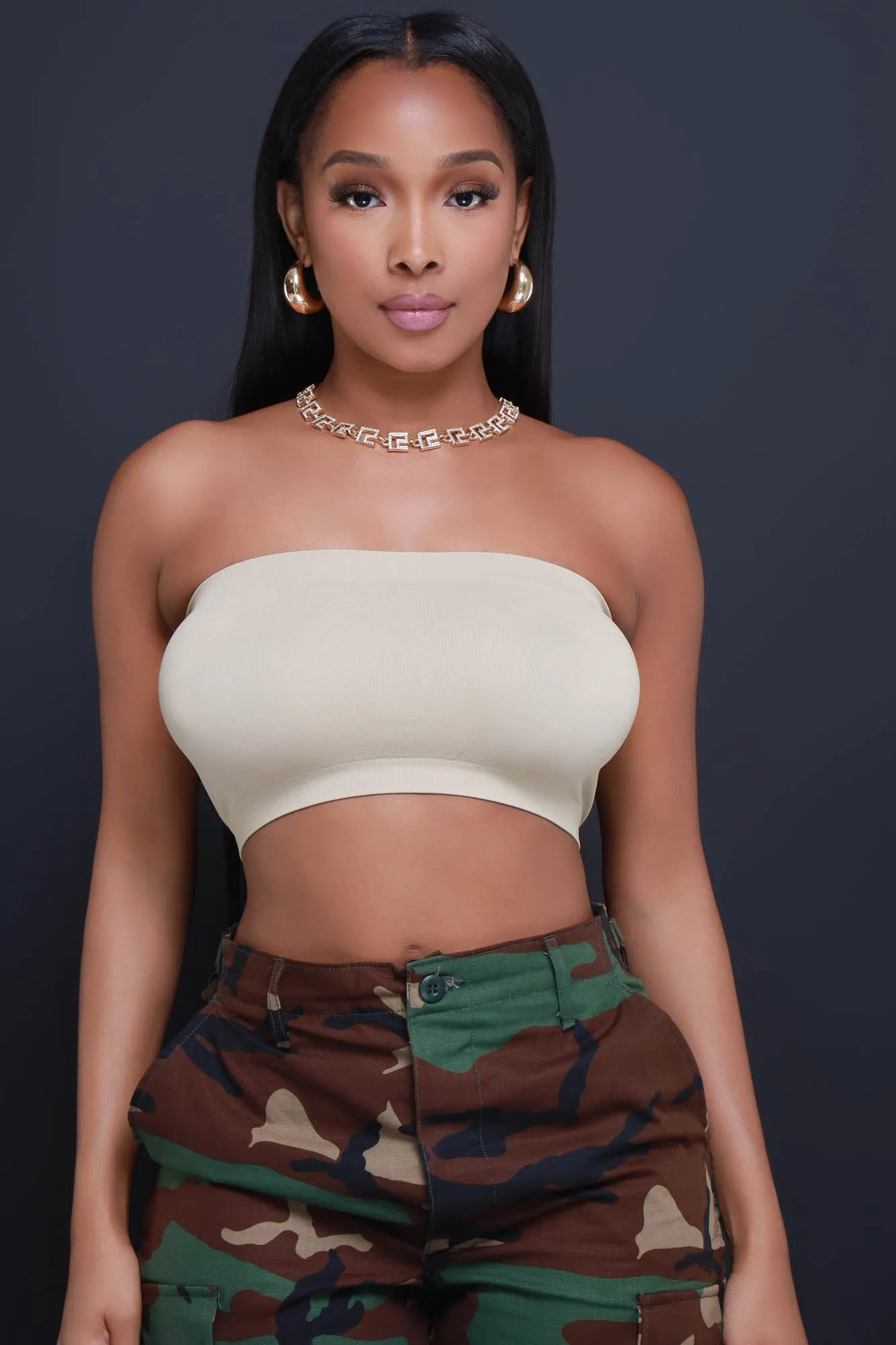 Party Life Strapless Crop Top - Khaki sold by Swankaposh