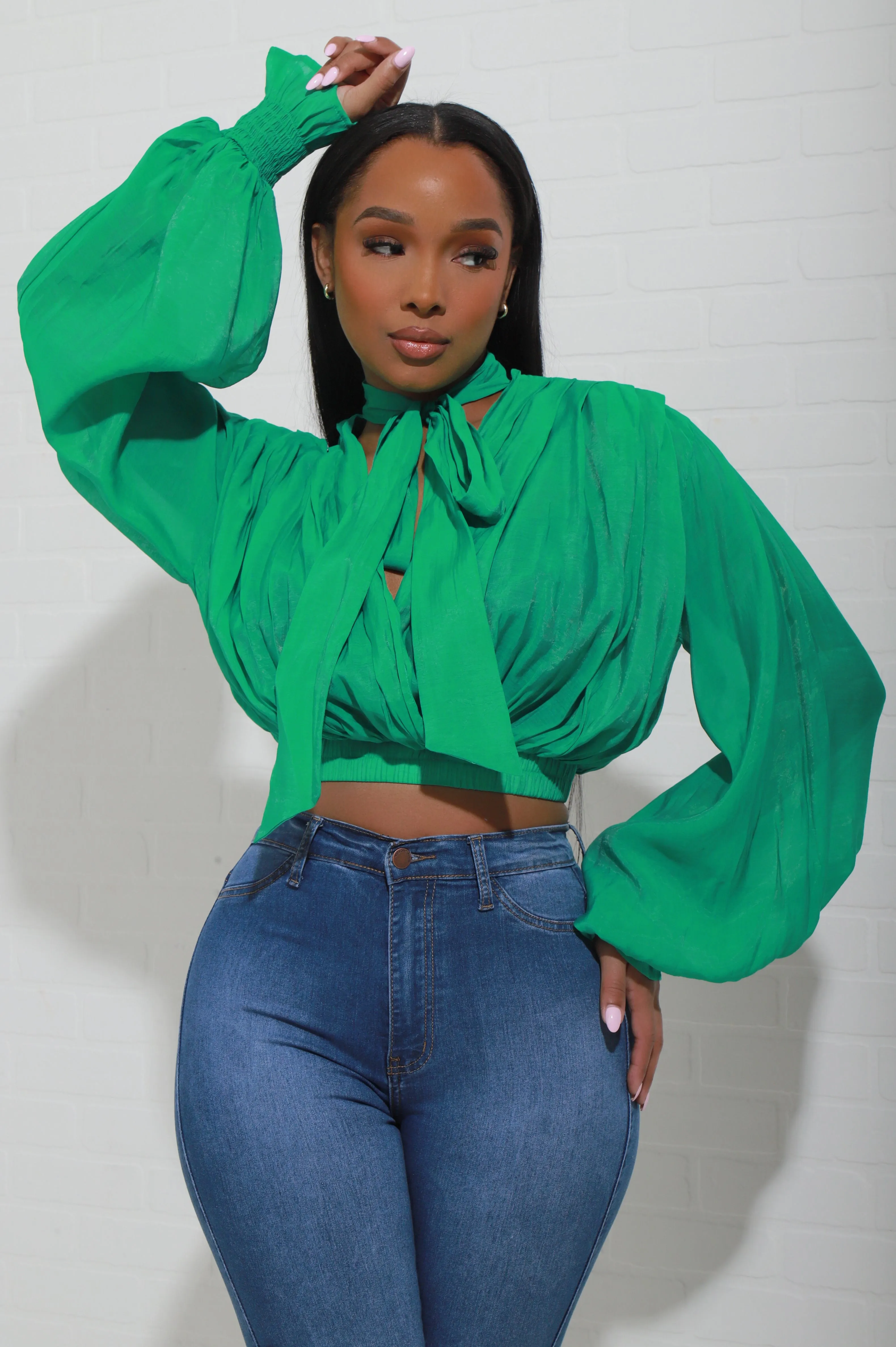 Spoil Yourself Tie Up Cropped Blouse - Kelly Green sold by Swankaposh