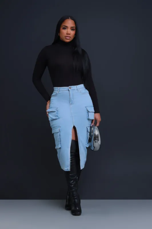 End Credits Denim Cargo Midi Skirt - Light Wash sold by Swankaposh