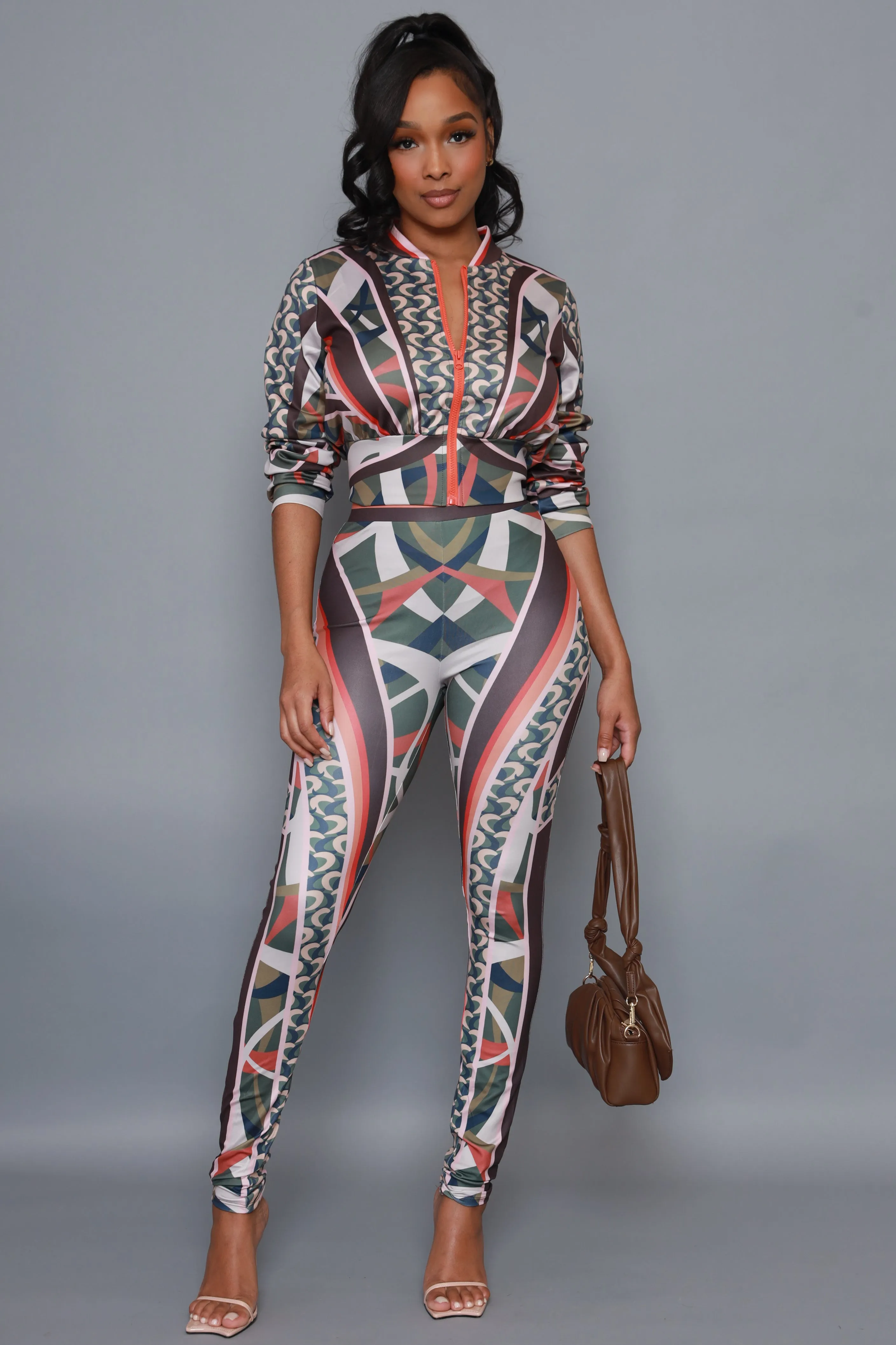 Same Song Printed Zip Up Pants Set - Olive Combo sold by Swankaposh