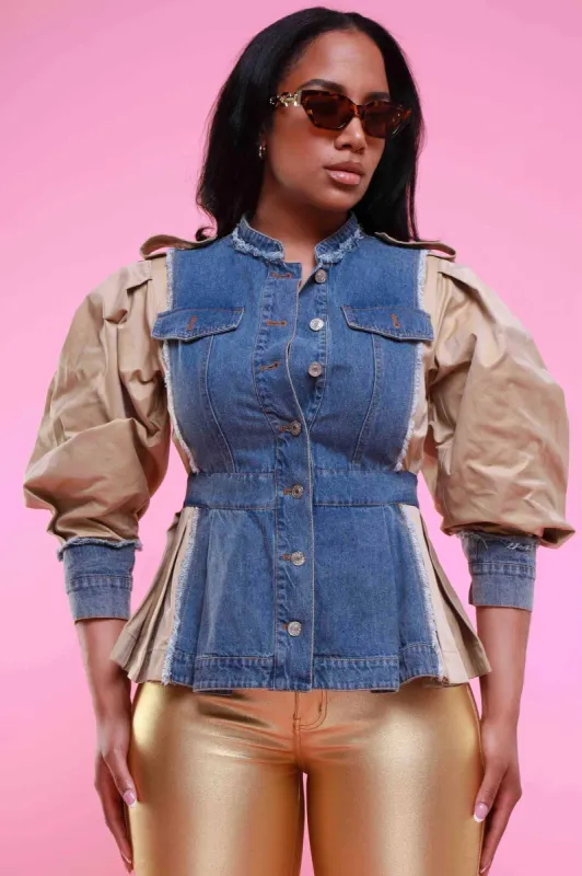 Make A Move Pleated Denim Contrast Jacket - Blue/Khaki sold by Swankaposh