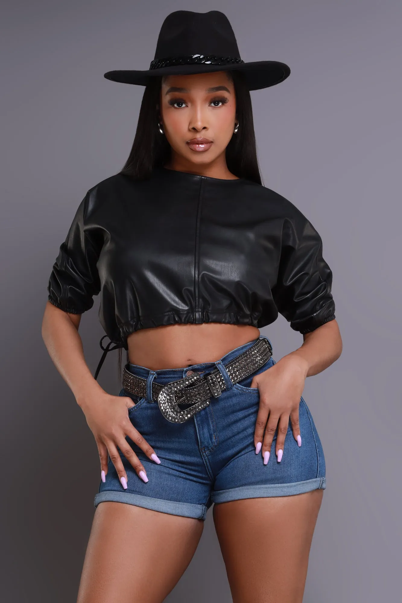 Mayhem Cropped Faux Leather Blouse - Black sold by Swankaposh