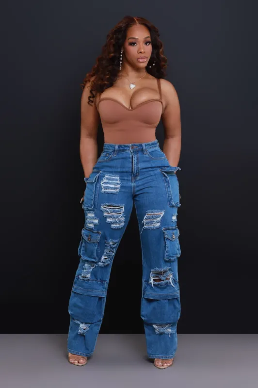 All Facts Distressed Cargo Pants - Medium Wash sold by Swankaposh