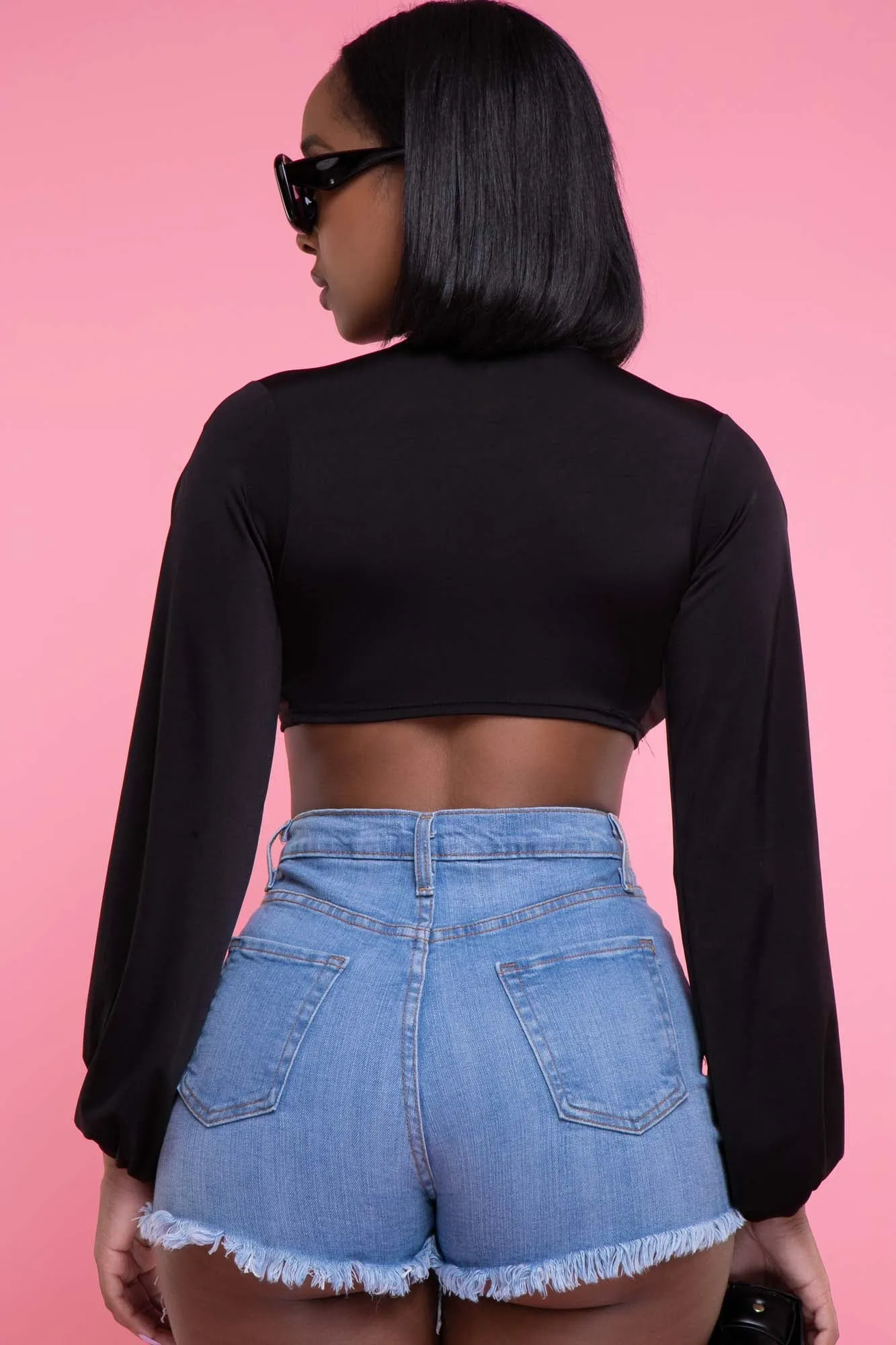 Please Hold Long Sleeve Tie Up Crop Top - Black sold by Swankaposh product image thumbnail 3