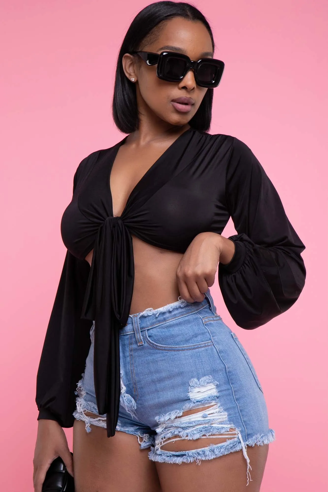 Please Hold Long Sleeve Tie Up Crop Top - Black sold by Swankaposh product image thumbnail 4