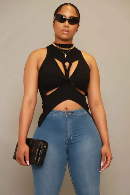 Hookup Mock Neck Cut Out Sleeveless Top - Black sold by Swankaposh