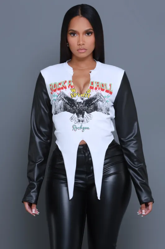 Rock On Faux Leather Sleeve Graphic Top - White/Black sold by Swankaposh