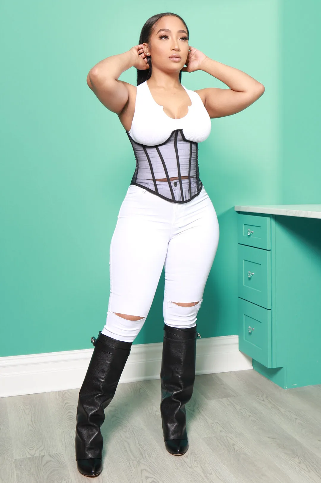 Props Mesh Lace Up Corset - Black sold by Swankaposh