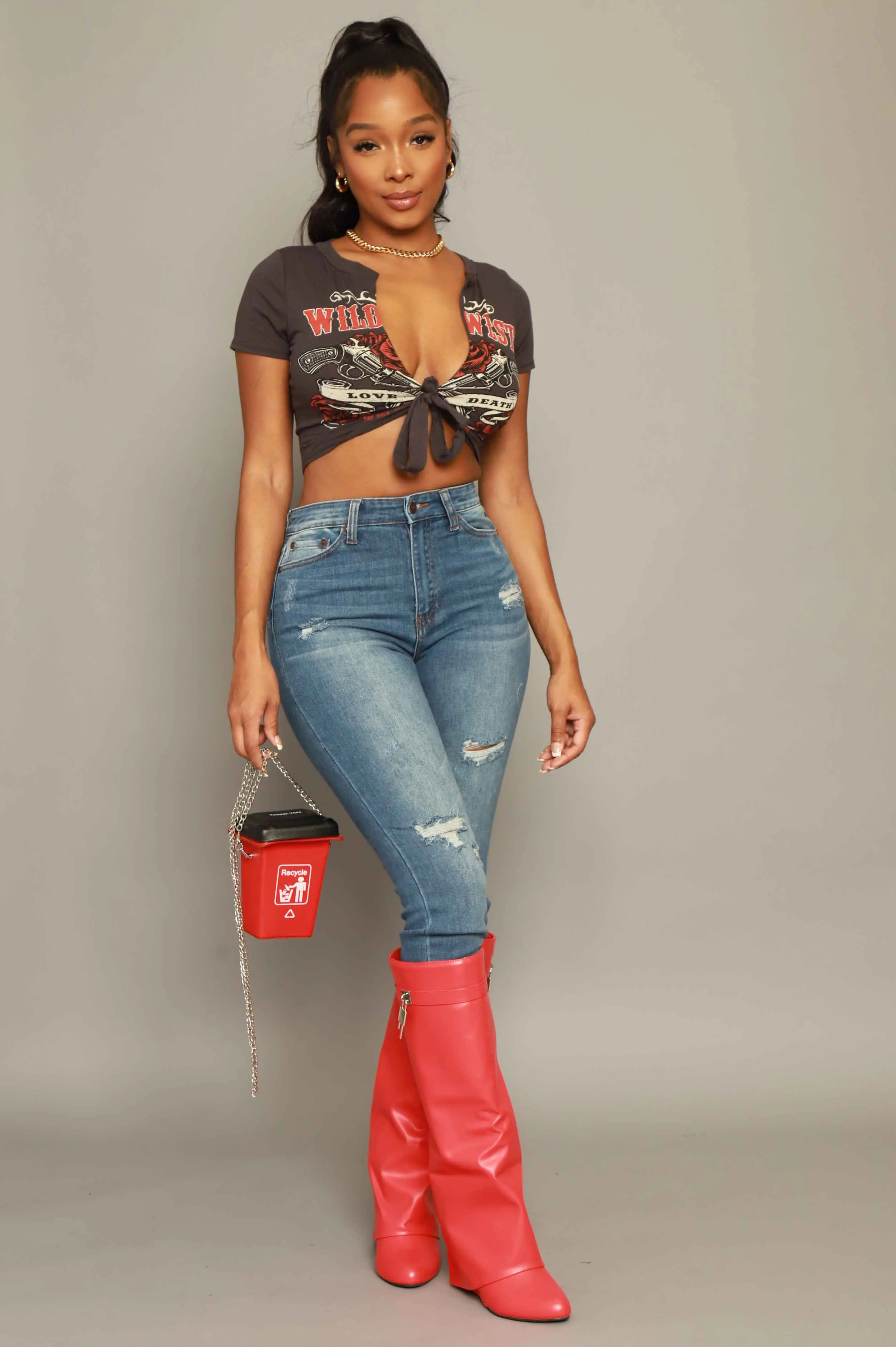 Night Ride Graphic Henley Tie Up Crop Top - Grey sold by Swankaposh product image thumbnail 4