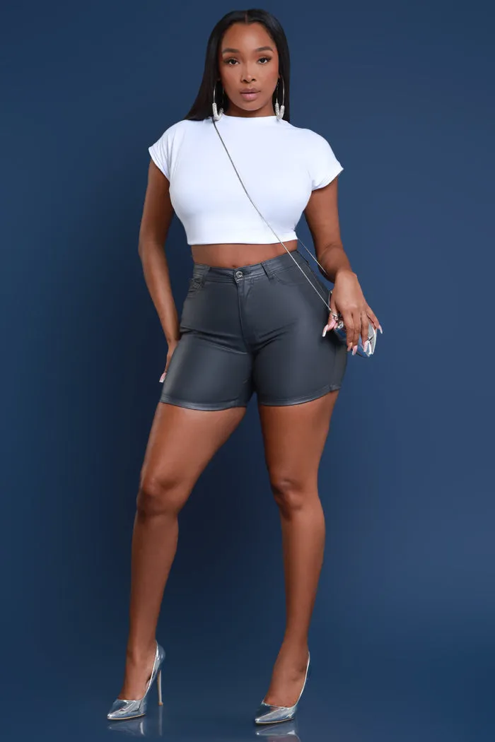 Earn It High Rise Faux Leather Shorts - Charcoal Grey sold by Swankaposh