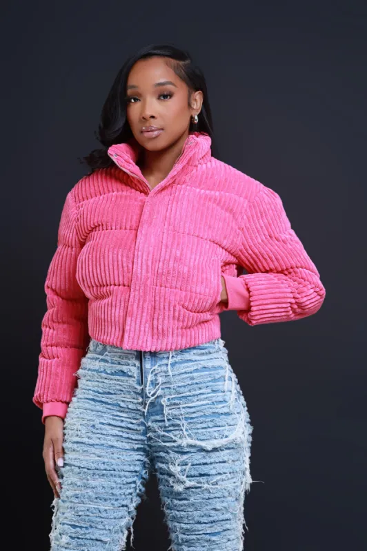 Now Boarding Corduroy Puffer Jacket - Pink sold by Swankaposh