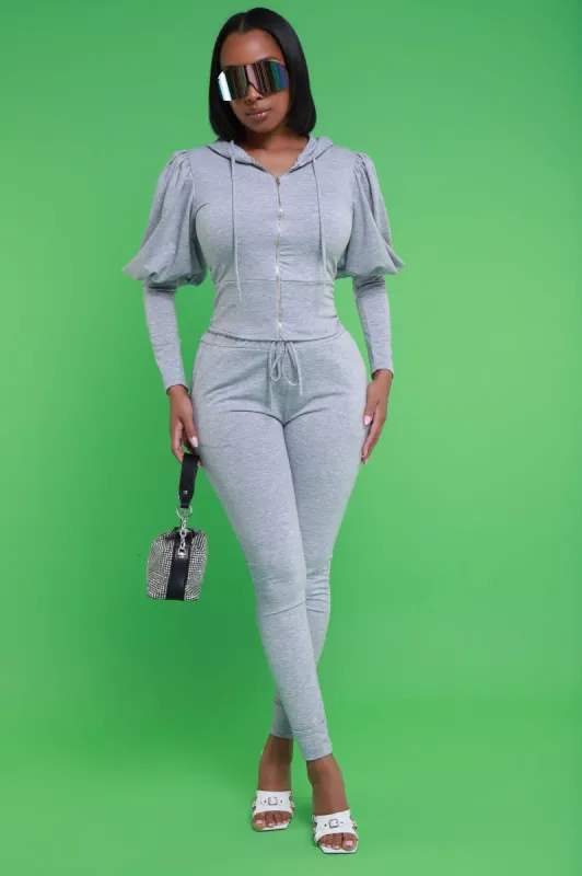 Group Chat Ruffle Sleeve Hooded Jogger Set - Grey sold by Swankaposh