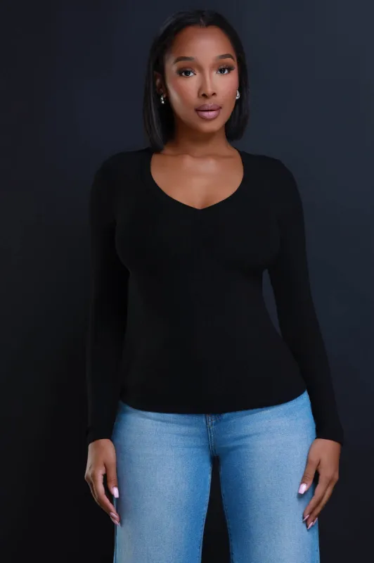 What It Is Cellulite Deleter Long Sleeve Ribbed Top - Black sold by Swankaposh
