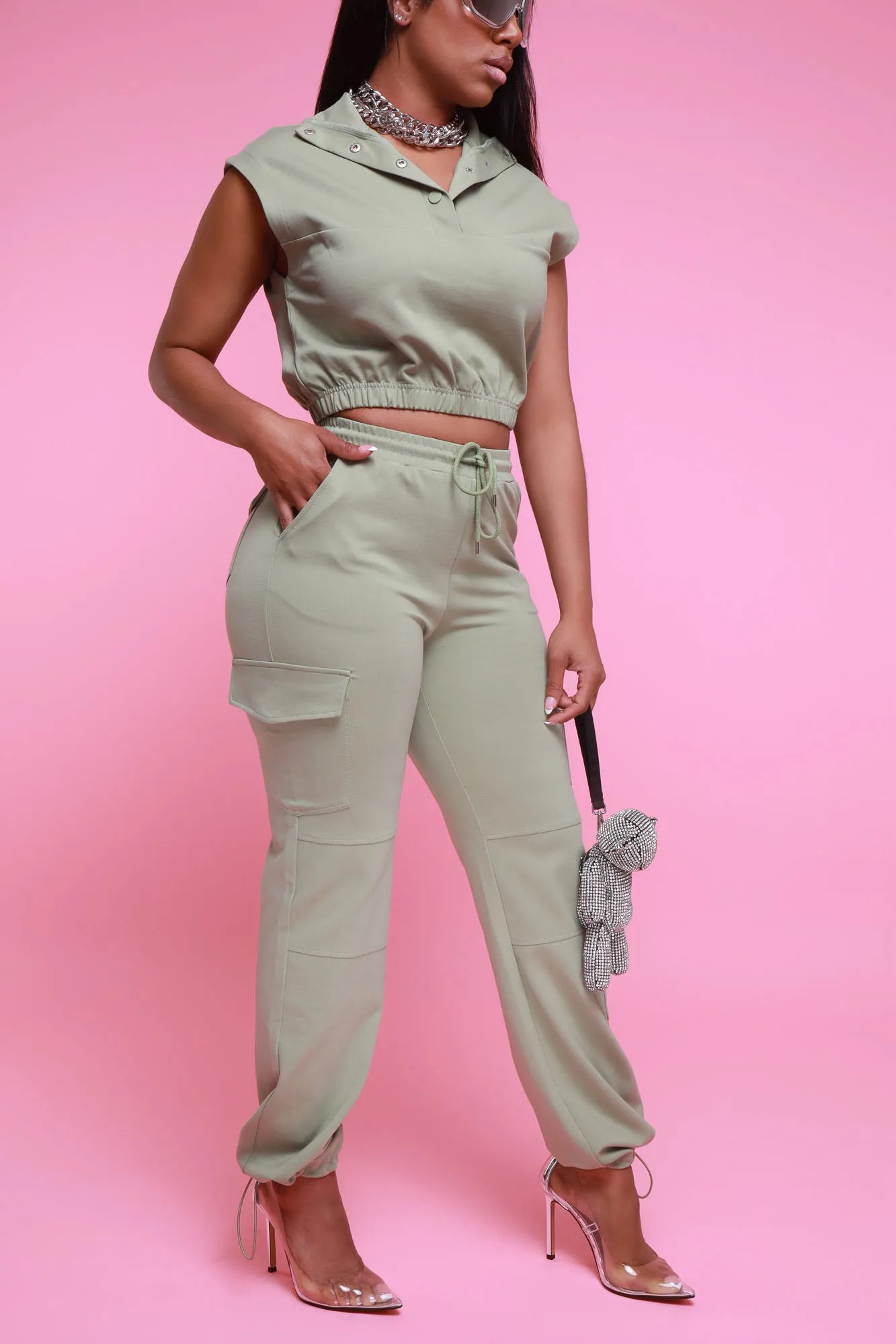 Win You Over Cropped Vest Pants Set - Sage sold by Swankaposh product image thumbnail 4
