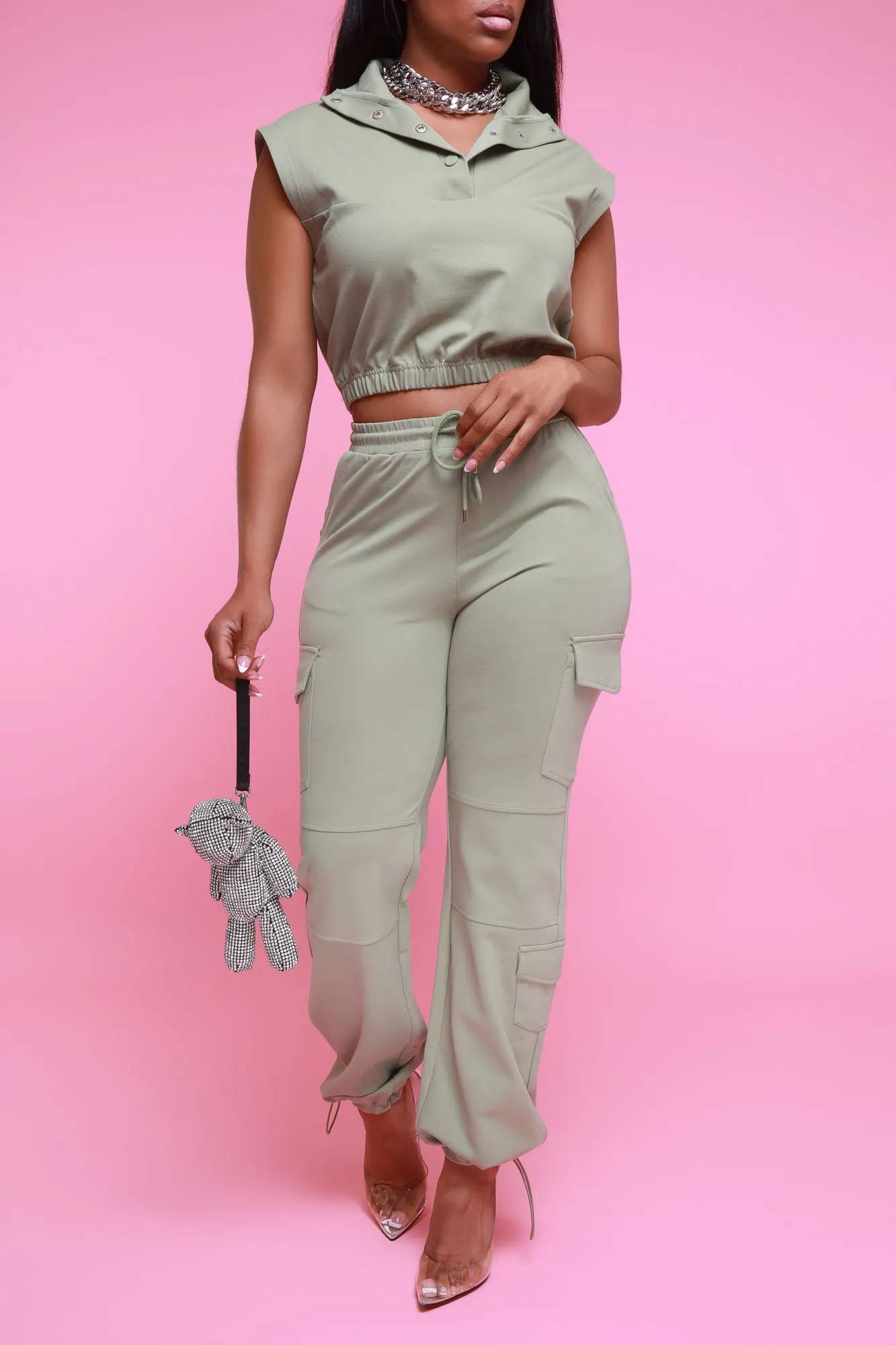 Win You Over Cropped Vest Pants Set - Sage sold by Swankaposh product image thumbnail 3