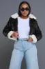 Be Still Cropped Faux Leather Sherpa Jacket - Black/Ivory sold by Swankaposh