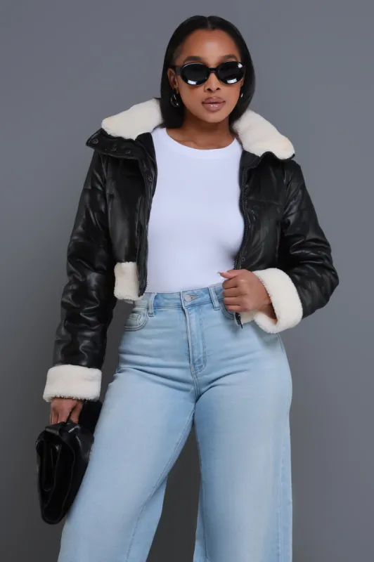 Be Still Cropped Faux Leather Sherpa Jacket - Black/Ivory sold by Swankaposh