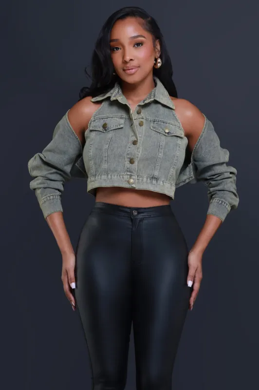 Killa Cropped Cutout Denim Jacket - Vintage Yellow sold by Swankaposh