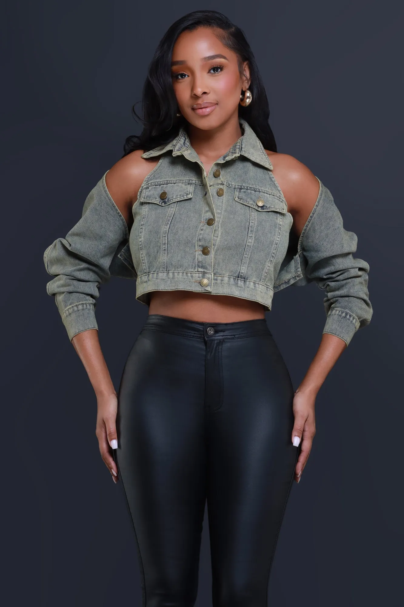 Killa Cropped Cutout Denim Jacket - Vintage Yellow sold by Swankaposh