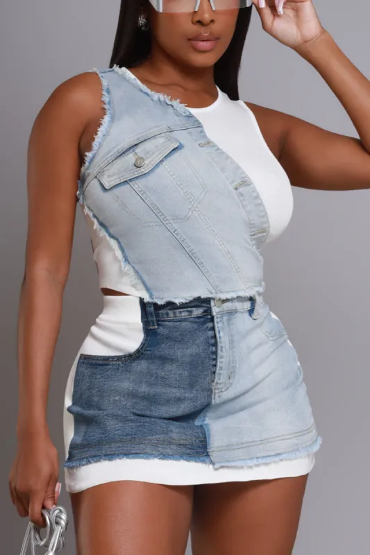 Patch Up Denim Cropped Mini Skirt Set - Ivory/ Blue sold by Swankaposh