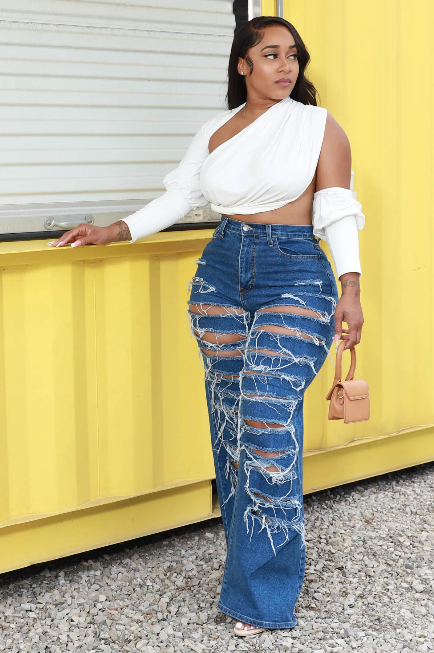 Stray Away High Rise Distressed Bootcut Jeans - Dark Wash sold by Swankaposh product image thumbnail 4