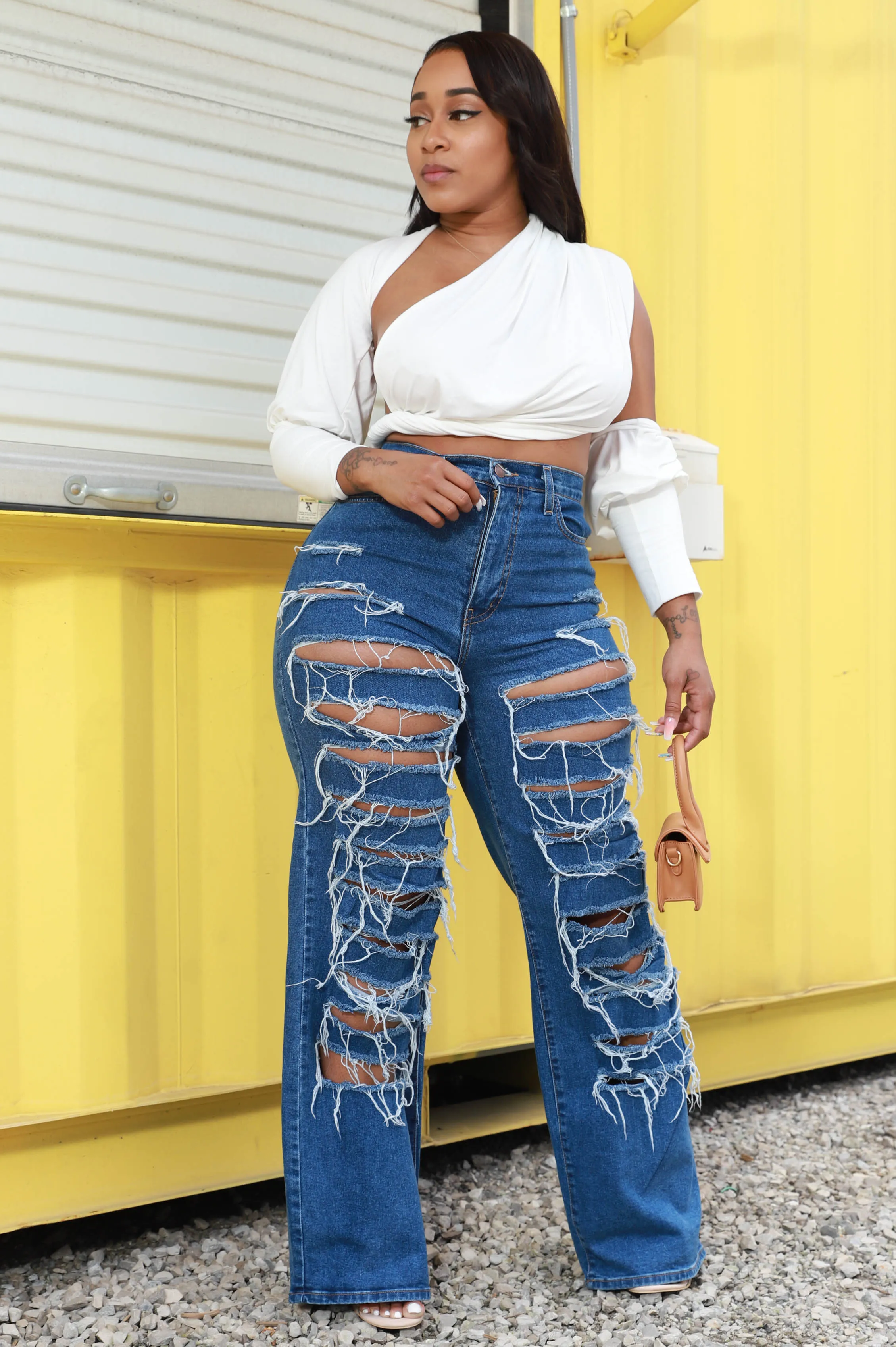 Stray Away High Rise Distressed Bootcut Jeans - Dark Wash sold by Swankaposh product image thumbnail 2