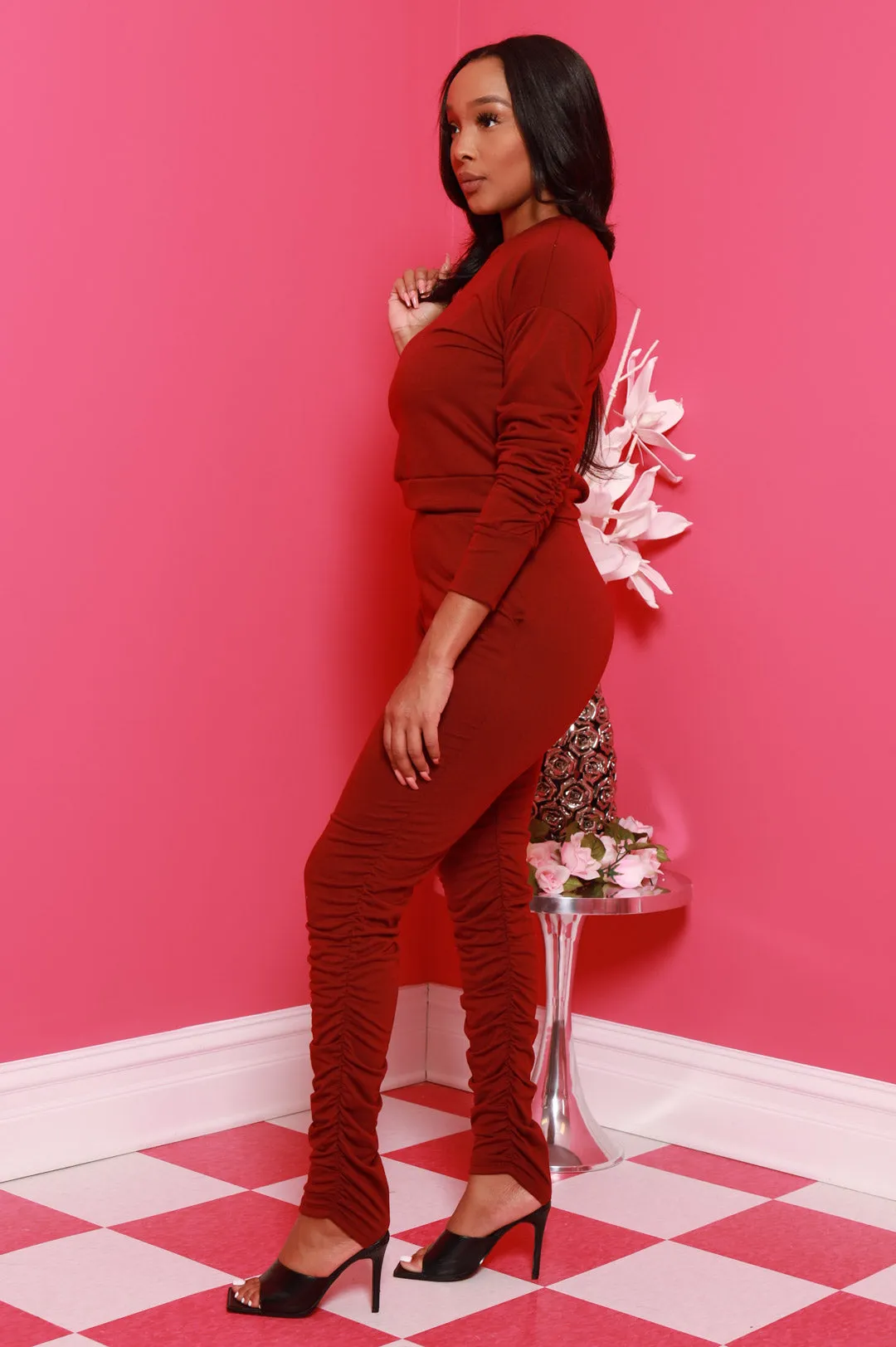 Out Of Hand Ruche Jogger Set - Burgundy sold by Swankaposh product image thumbnail 2