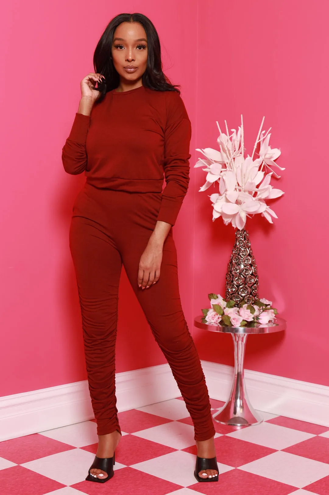 Out Of Hand Ruche Jogger Set - Burgundy sold by Swankaposh