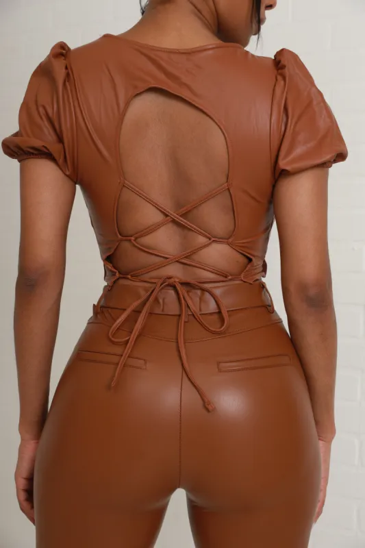 Sideways Faux Leather Open Back Crop Top - Caramel sold by Swankaposh