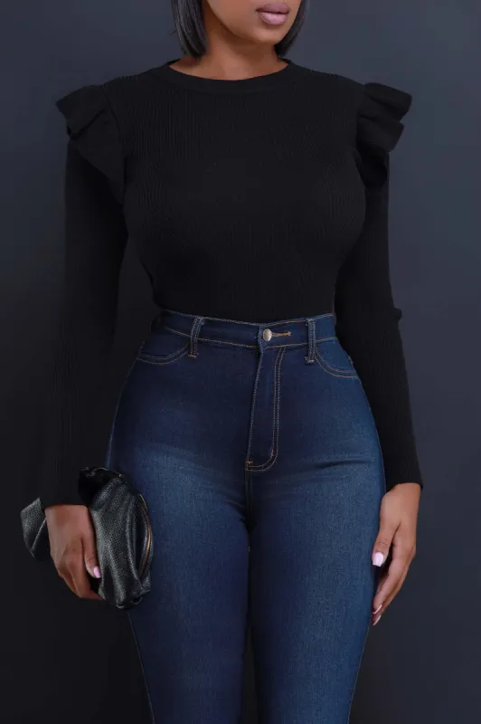 Lead The Way Ruffled Knit Sweater - Black sold by Swankaposh
