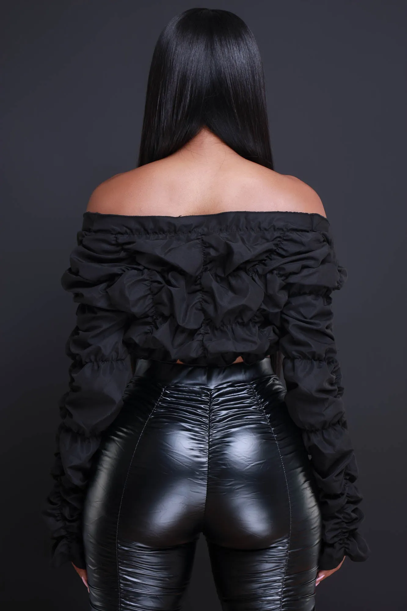 Take The Hint Ruched Ruffle Crop Top - Black sold by Swankaposh product image thumbnail 3