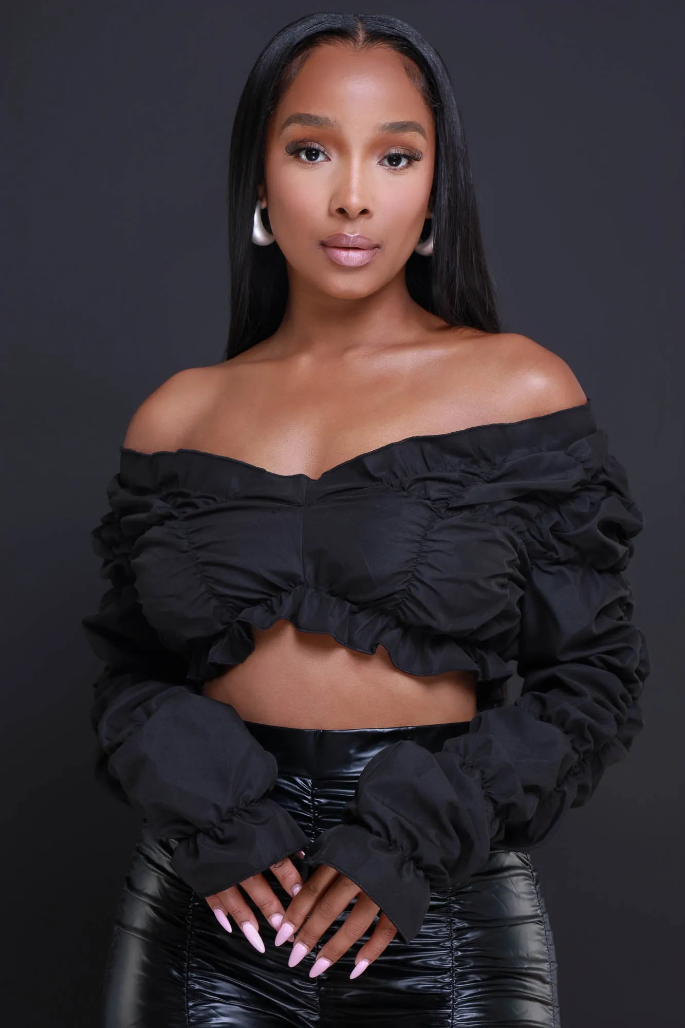 Take The Hint Ruched Ruffle Crop Top - Black sold by Swankaposh